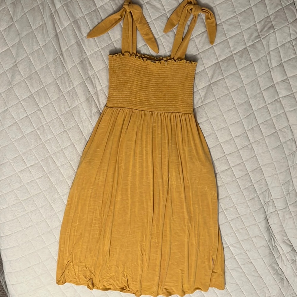 Heather Mustard Tie strap Smocked Midi Dress